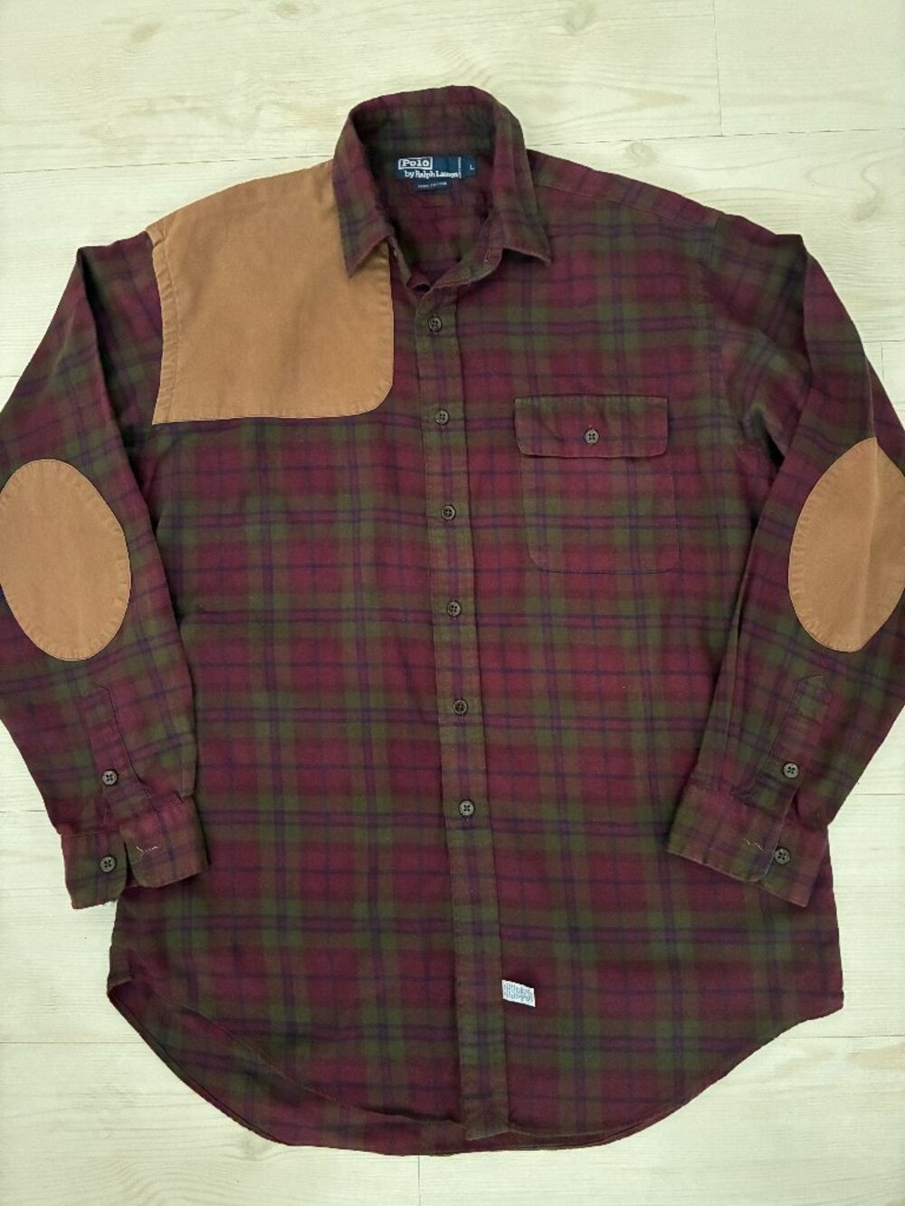 VTG Polo Ralph Lauren Hunting Shirt Men's Plaid Brushed Cotton Patches Size L